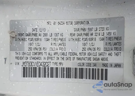 2014 Mazda Cx-9 Touring z USA, uszkodzony, nr VIN JM3TB3CVXE0432027